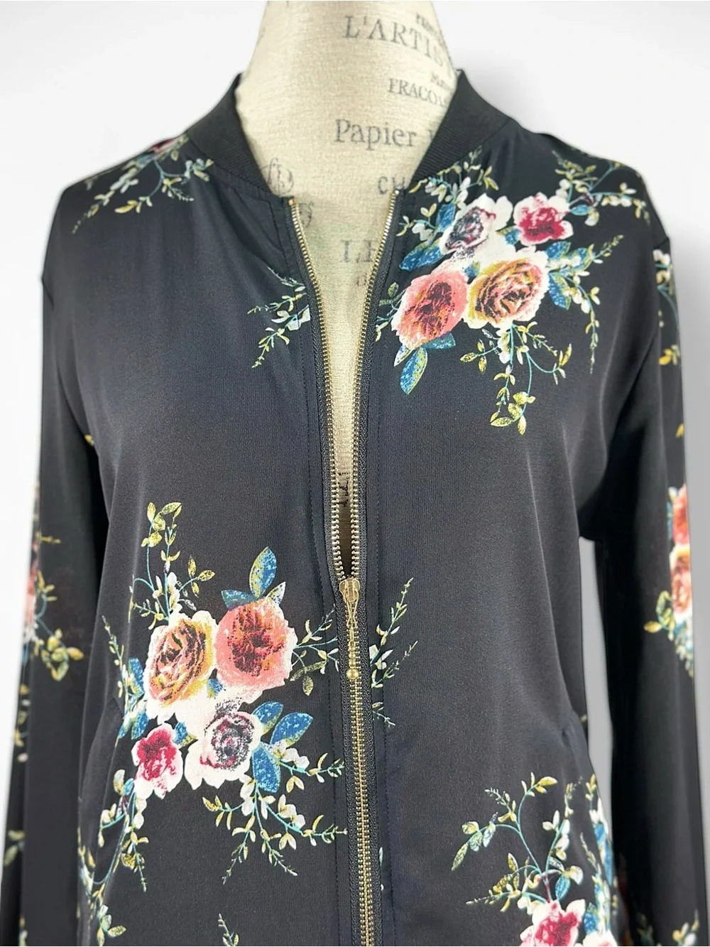 Black Floral Bomber Jacket Semi Sheer Lightweight Zip Up Coat - Picture 5 of 13